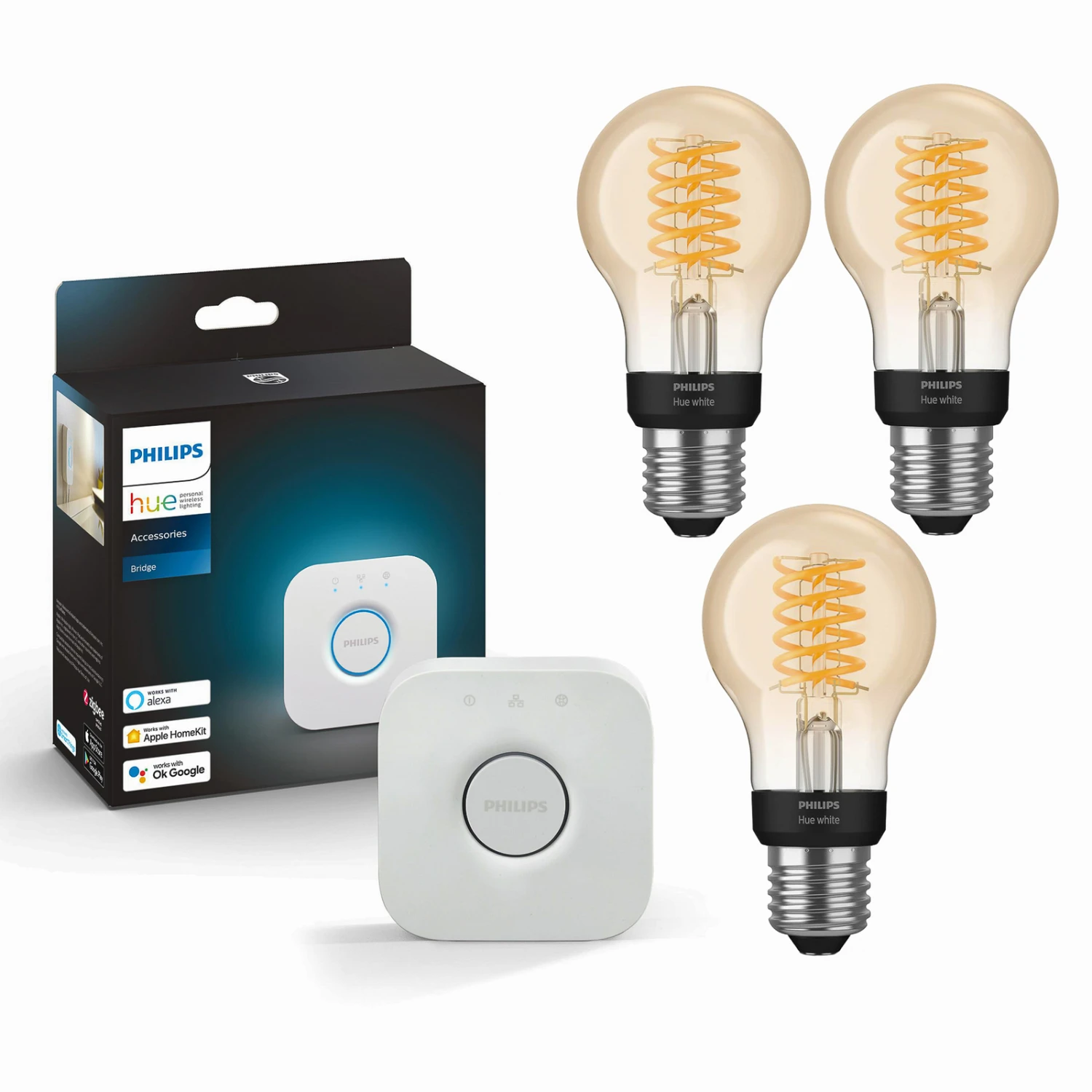 3x Philips Hue White 7W E27 Filament + Bridge 3 3x Philips Hue White 7W E27 Filament + Bridge